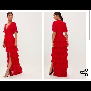 Red Chiffon Ruffle Layer Maxi Dress